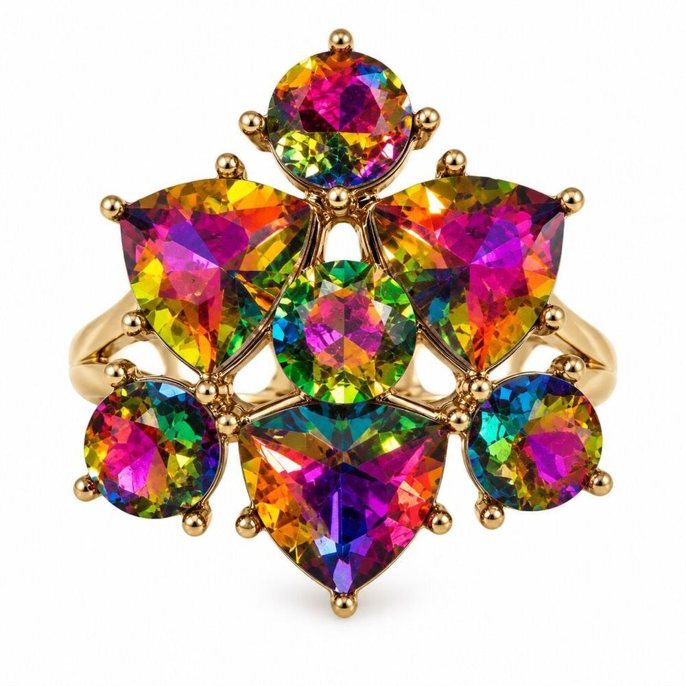 Volcano Crystal Rainbow Multicolor Gold Tone Statement Cocktail Costume Ring